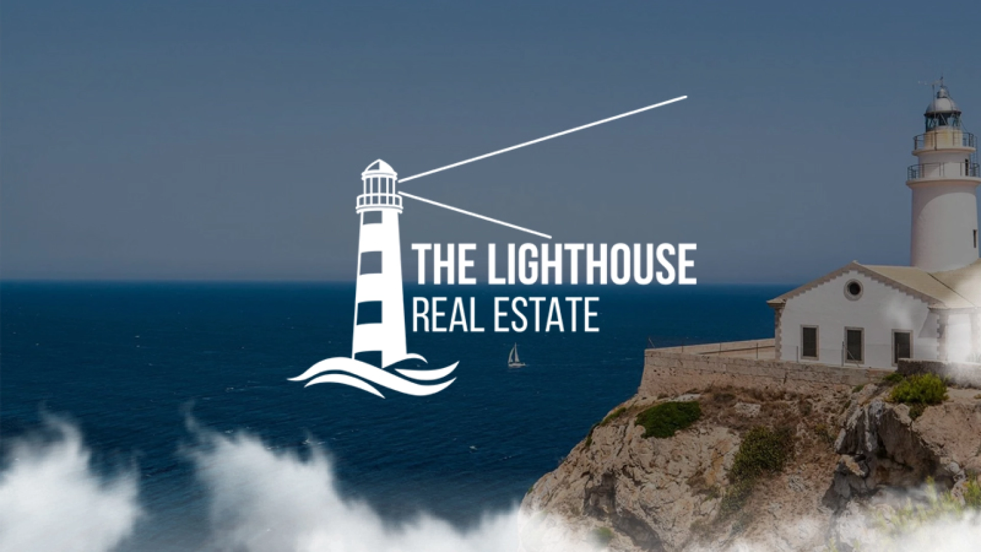 Logotipo de faro sobre acantilado frente al mar